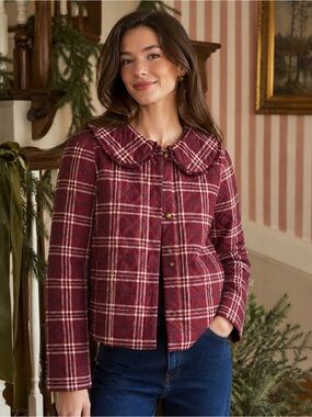 Hill House Home Burgundy Plaid Quilted Jacket Peter Pan Collar Size M
